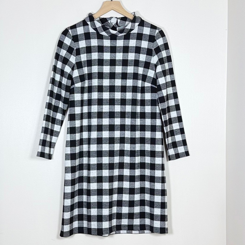 Talbots Petite Womens Buffalo Plaid Shift Dress Size PM Black White Classic Mod